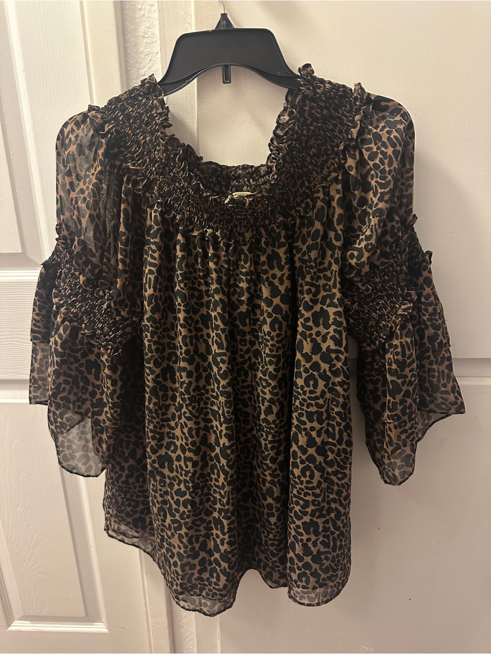 Max Studio Leopard Print Smocked Off-Shoulder Blouse in Brown and Black